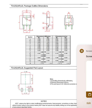 Technical drawing and dimensions chart for 2SA1952 transistor in TO-252 2L package by The Component Centre