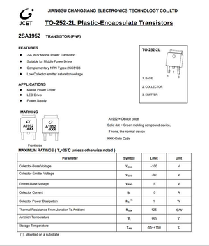 2SA1952 PNP transistor datasheet showing features, applications, pin configuration, and electrical specifications