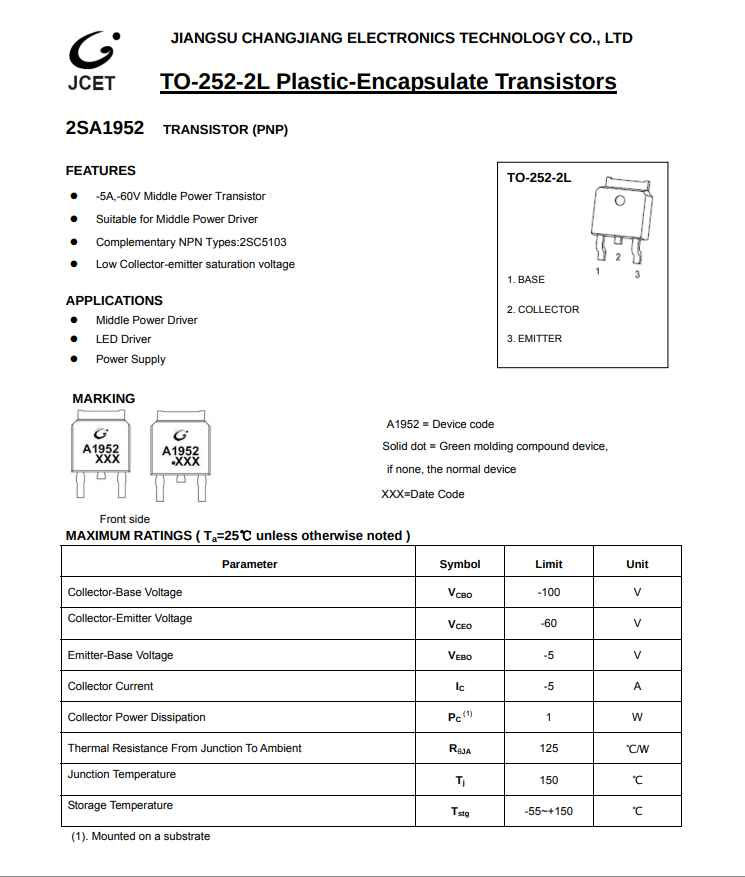 2SA1952 PNP transistor datasheet showing features, applications, pin configuration, and electrical specifications
