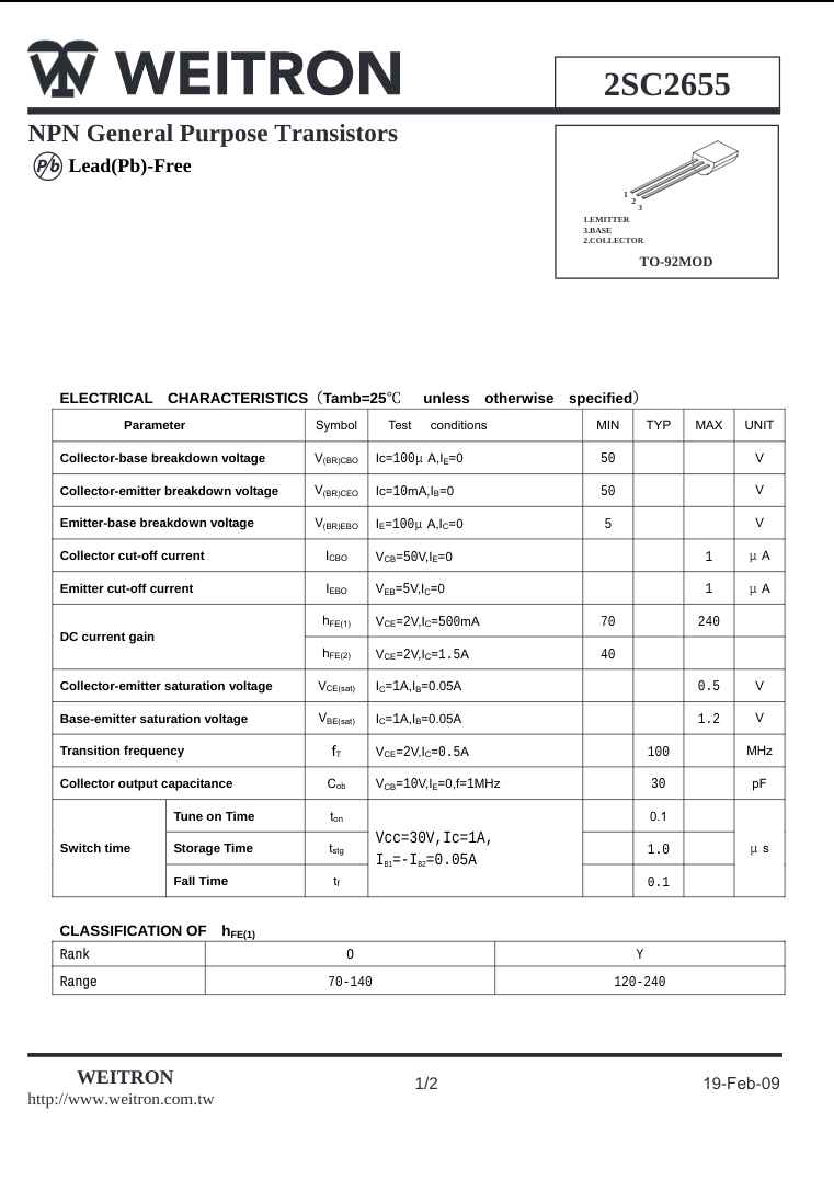 Datasheet for Weitron 2SC2655 NPN general purpose transistor with electrical characteristics and TO-92 package diagram