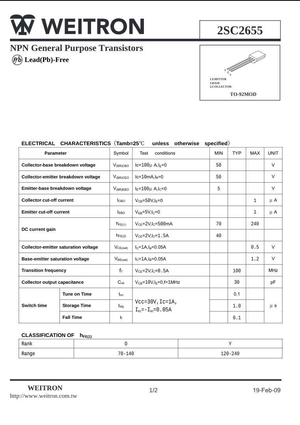 Datasheet for Weitron 2SC2655 NPN general purpose transistor with electrical characteristics and TO-92 package diagram