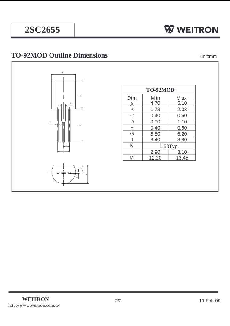 2SC2655 TO-92MOD transistor outline dimensions and measurements chart by Weitron