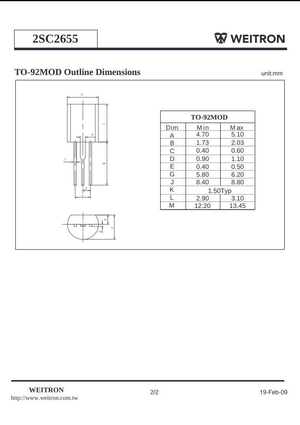 2SC2655 TO-92MOD transistor outline dimensions and measurements chart by Weitron