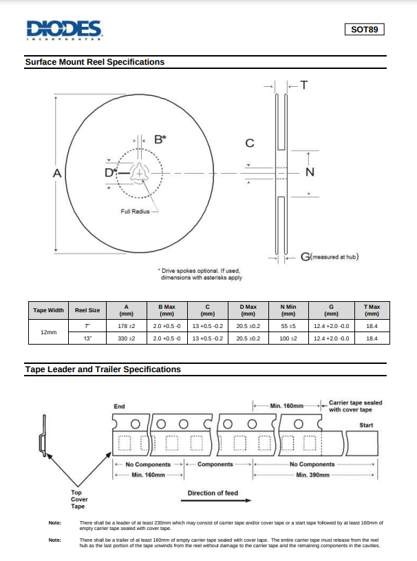 Technical diagram showing tape reel and tape leader specifications for 2SC2873 surface mount components