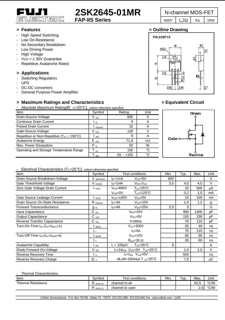 FUJI Electric 2SK2645 N-channel MOS-FET high speed switching transistor with detailed specifications