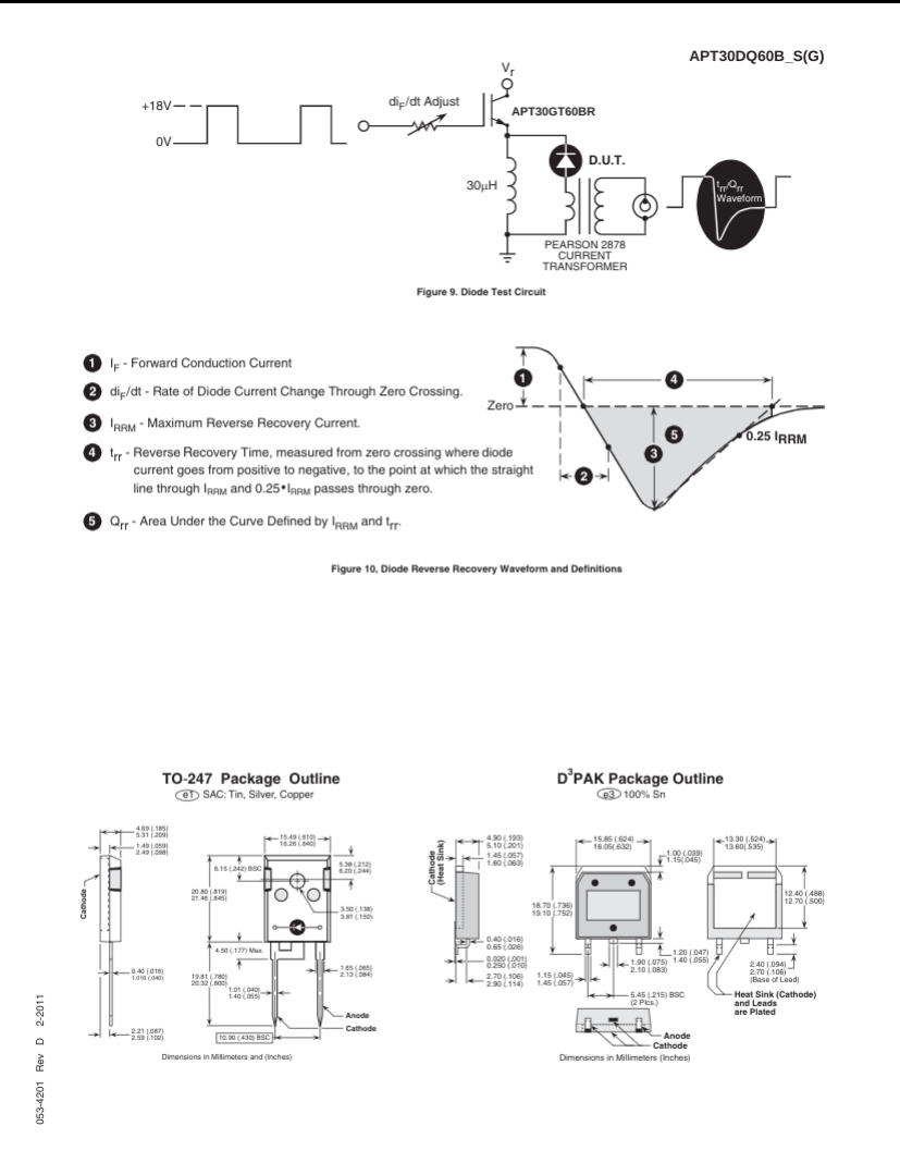 Technical schematic and package outline diagrams for the 30DQ60BG diode including electrical test setup and dimensions
