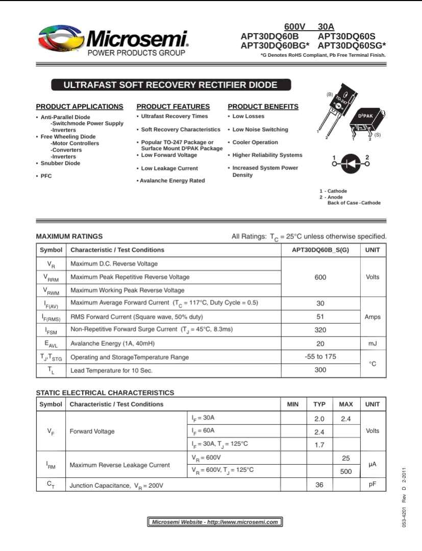 Microsemi 30DQ60BG ultrafast soft recovery rectifier diode datasheet with electrical characteristics and maximum ratings