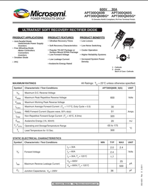 Microsemi 30DQ60BG ultrafast soft recovery rectifier diode datasheet with electrical characteristics and maximum ratings