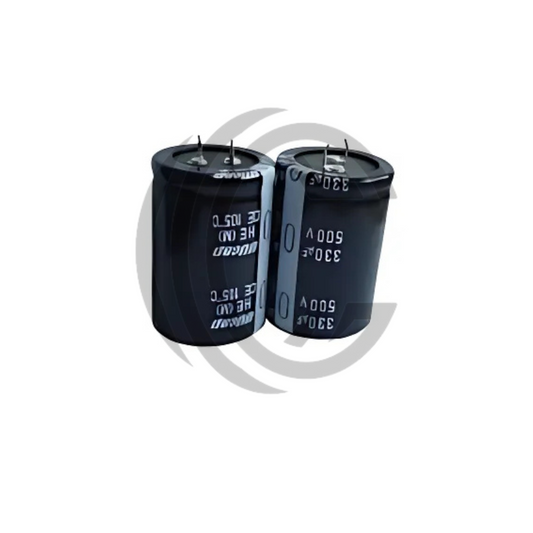 Two black capacitors with 330uF 500V rating from The Component Centre showing solder pins