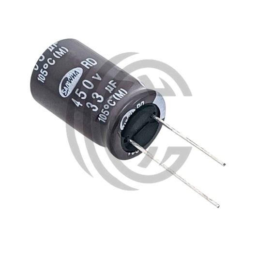 33uF 450V electrolytic capacitor with two metal leads for electronic circuit use