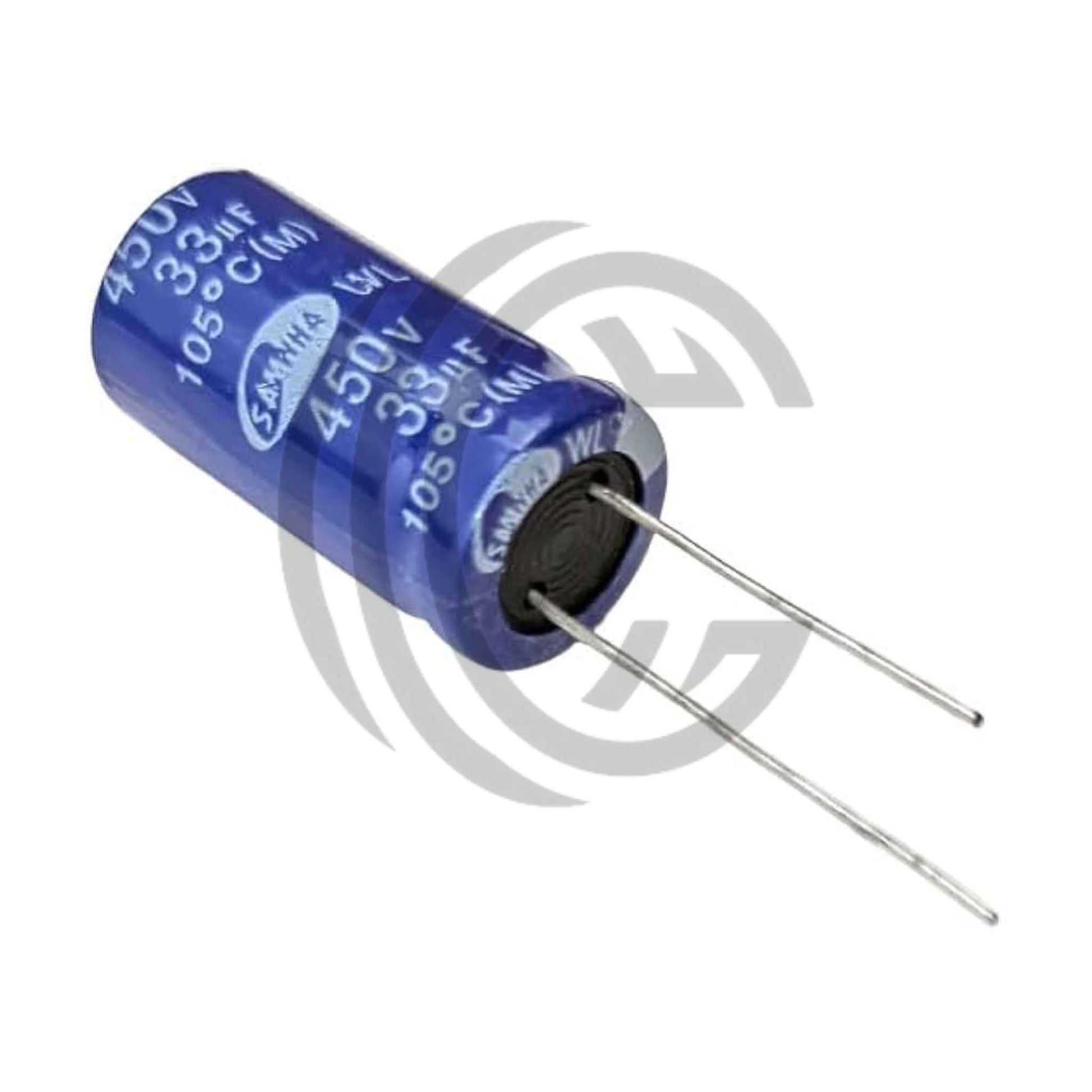 Blue radial electrolytic capacitor 33uF 450V with wire leads for electronic circuits