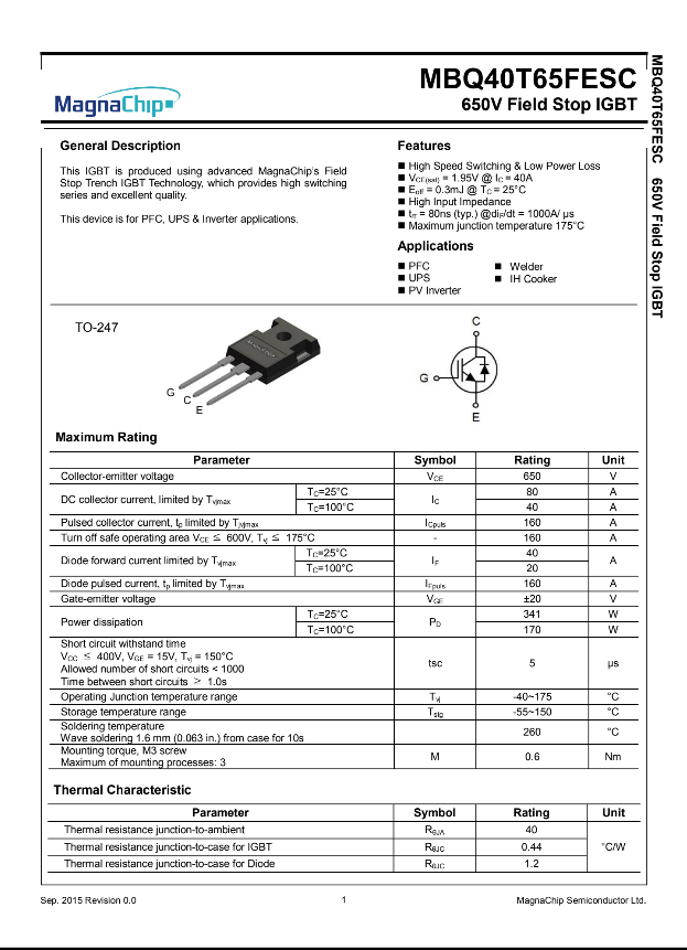 MagnaChip 40T65QES 650V Field Stop IGBT semiconductor datasheet with technical specifications
