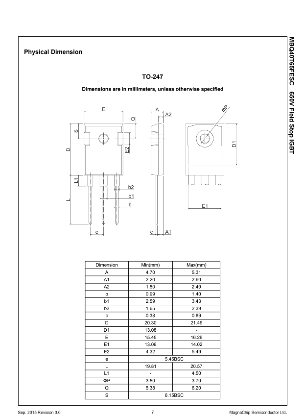 Technical drawing and physical dimensions chart for 40T65QES TO-247 600V Field Stop IGBT component