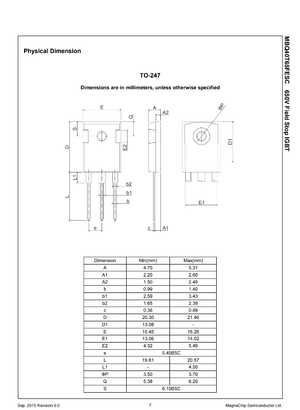 Technical drawing and physical dimensions chart for 40T65QES TO-247 600V Field Stop IGBT component