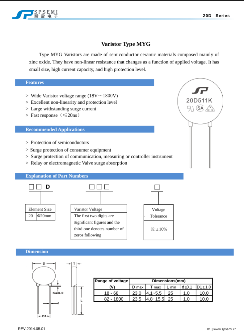 SPSEMI 471KD20 Datasheet MYG type varistor with ceramic material for surge protection and voltage regulation 