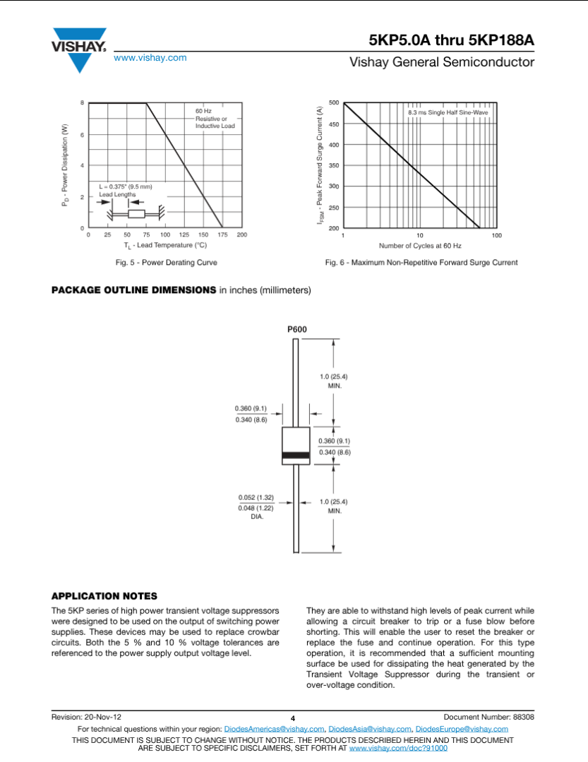Vishay 5KP54A transient voltage suppressor datasheet showing power derating curve, surge current graph, and package outline dimensions