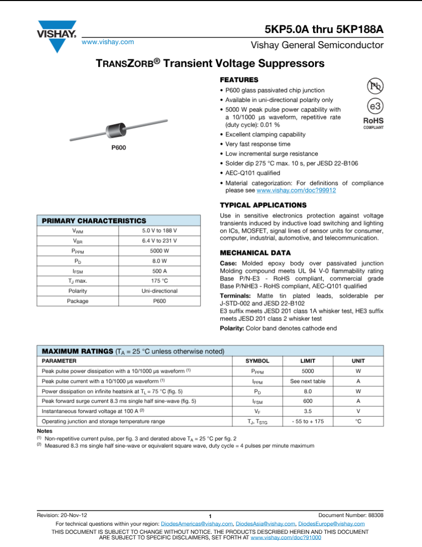 Vishay TRANSZORB 5KP54A transient voltage suppressor diode with specifications and features datasheet