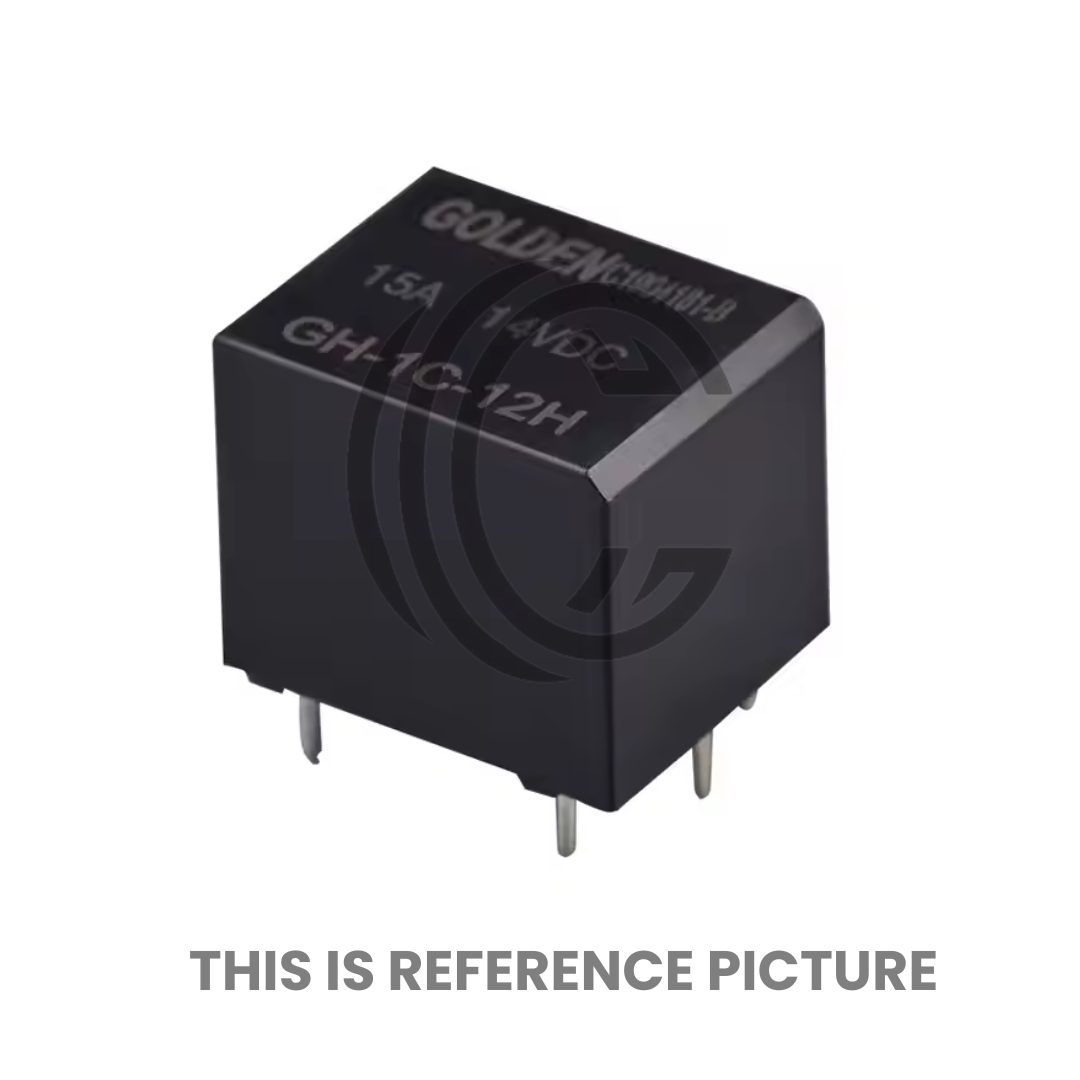GH-1C-12H black electrical relay component with four metal pins from The Component Centre
