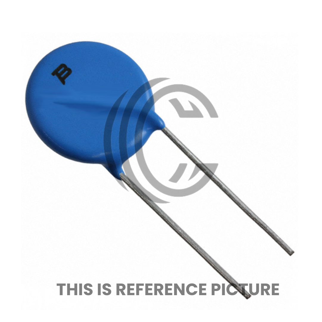 Blue disc capacitor with two metal leads from The Component Centre 471KD20 model