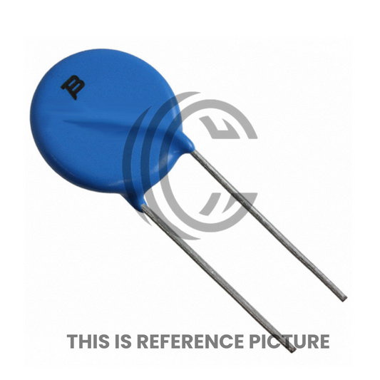Blue disc capacitor with two metal leads from The Component Centre 471KD20 model