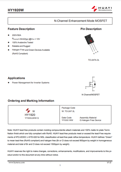 HY1920W TO-247 N-Channel MOSFET | 200V, 90A Available in Pakistan