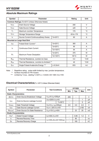 HY1920W TO-247 N-Channel MOSFET | 200V, 90A Available in Pakistan