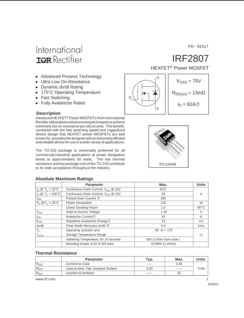 IRF2807 MOSFET 75V Datasheet