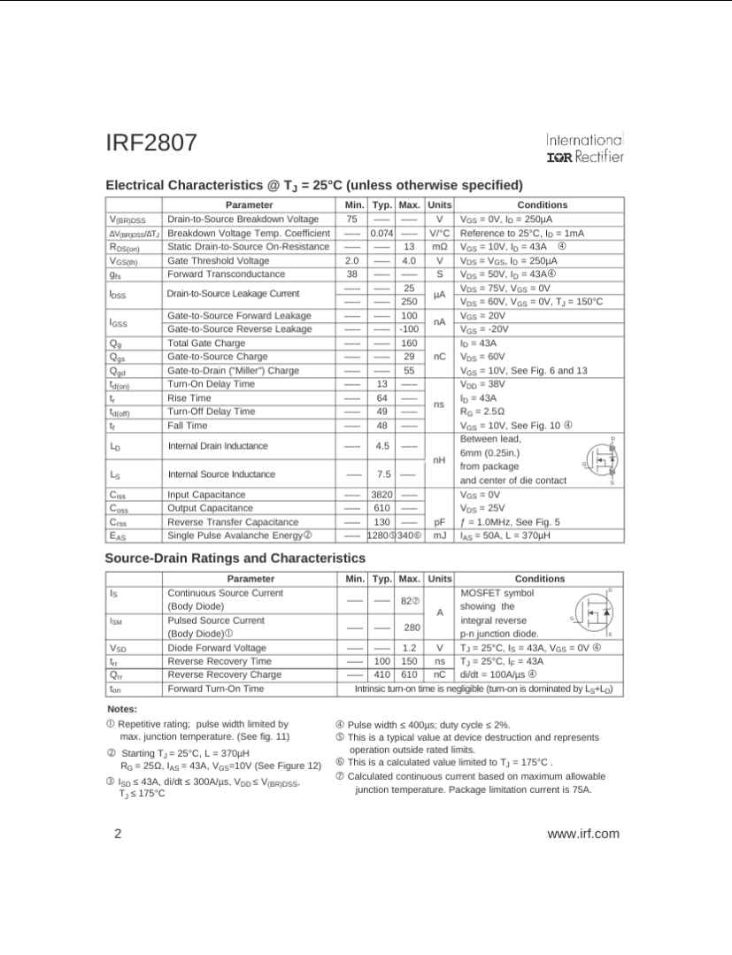 IRF2807 MOSFET 75V Datasheet