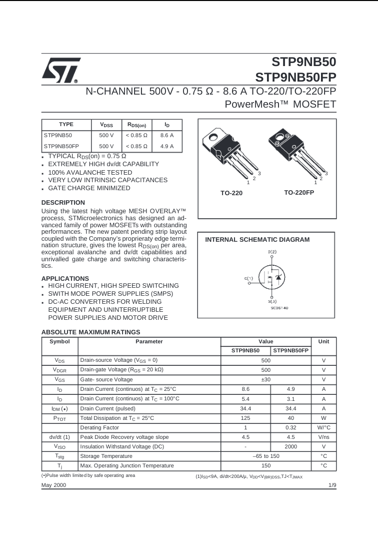 P9NB50FP Power MOSFET TO-220 | Best Price in Pakistan