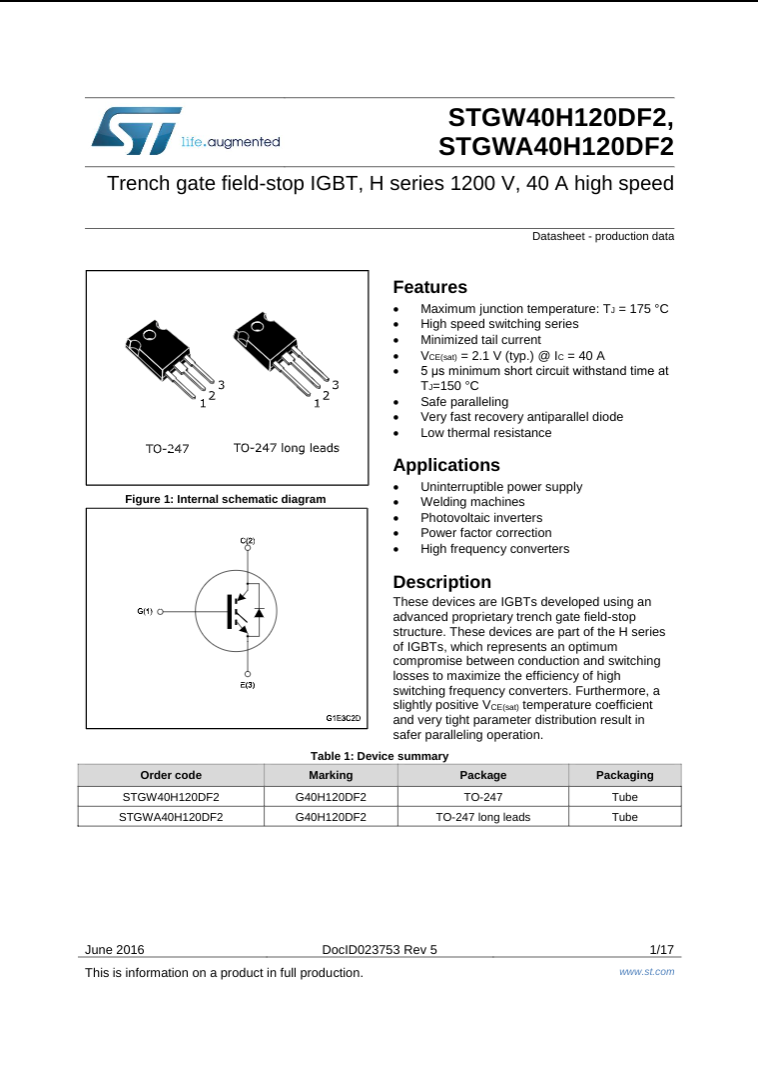 STGW40H120DF2 IGBT | 1200V 40A In Pakistan