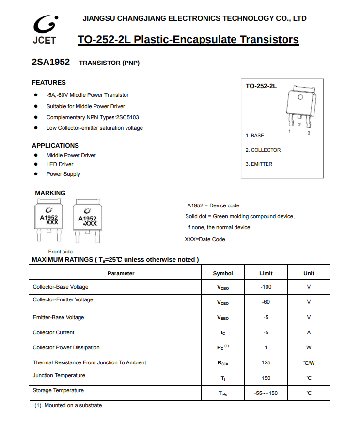 2SA1952 PNP Transistor TO-252 | High Performance Transistor