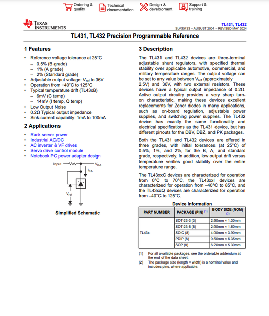 Texas Instruments TL431 Precision Programmable Reference datasheet with features and applications
