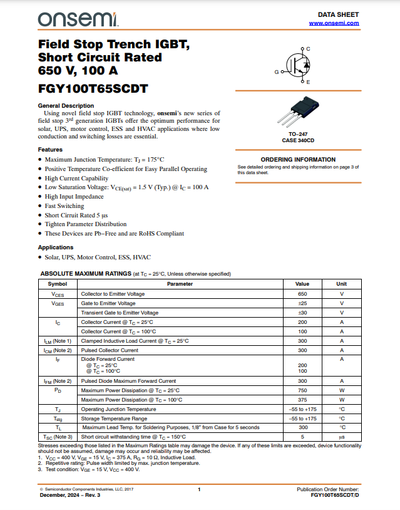 FGY100T65 1000V 100A IGBT Transistor - Best Price in Pakistan