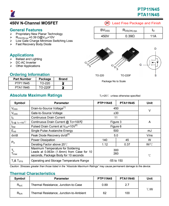 PTP11N45 PTA11N45 450V N-Channel MOSFET Available in Pakistan