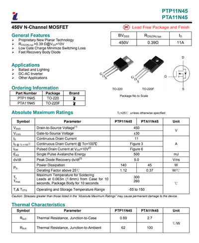 PTP11N45 PTA11N45 450V N-Channel MOSFET Available in Pakistan