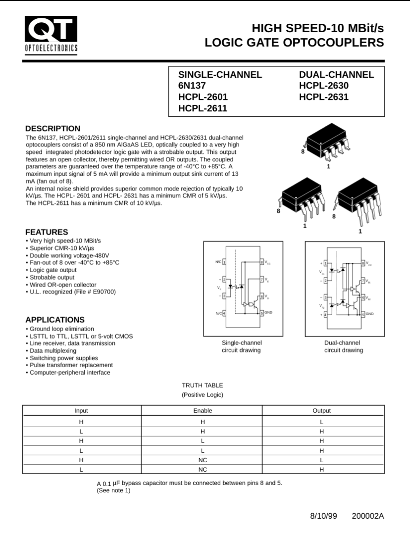 A2611 logic gate optocoupler single and dual channel ICs with description and pin configuration by The Component Centre