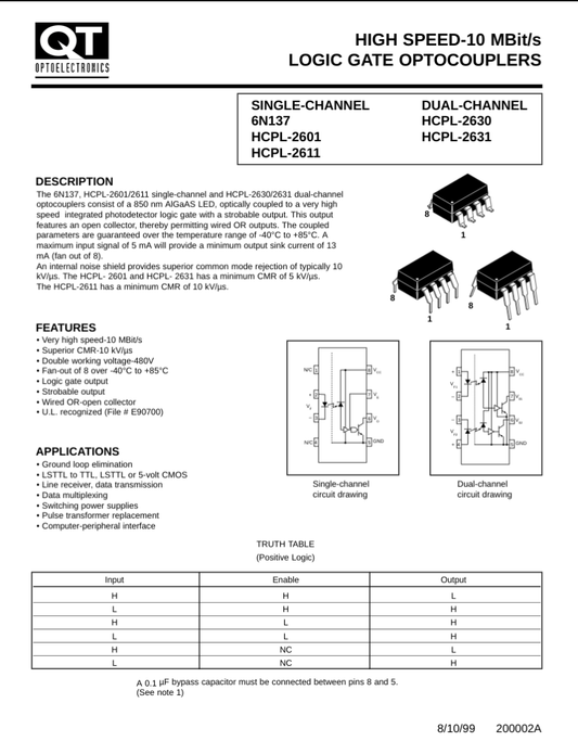 A2611 logic gate optocoupler single and dual channel ICs with description and pin configuration by The Component Centre