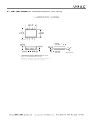 AMS11173.3V electronic component outline drawing with dimensions for 8 lead SOIC plastic package