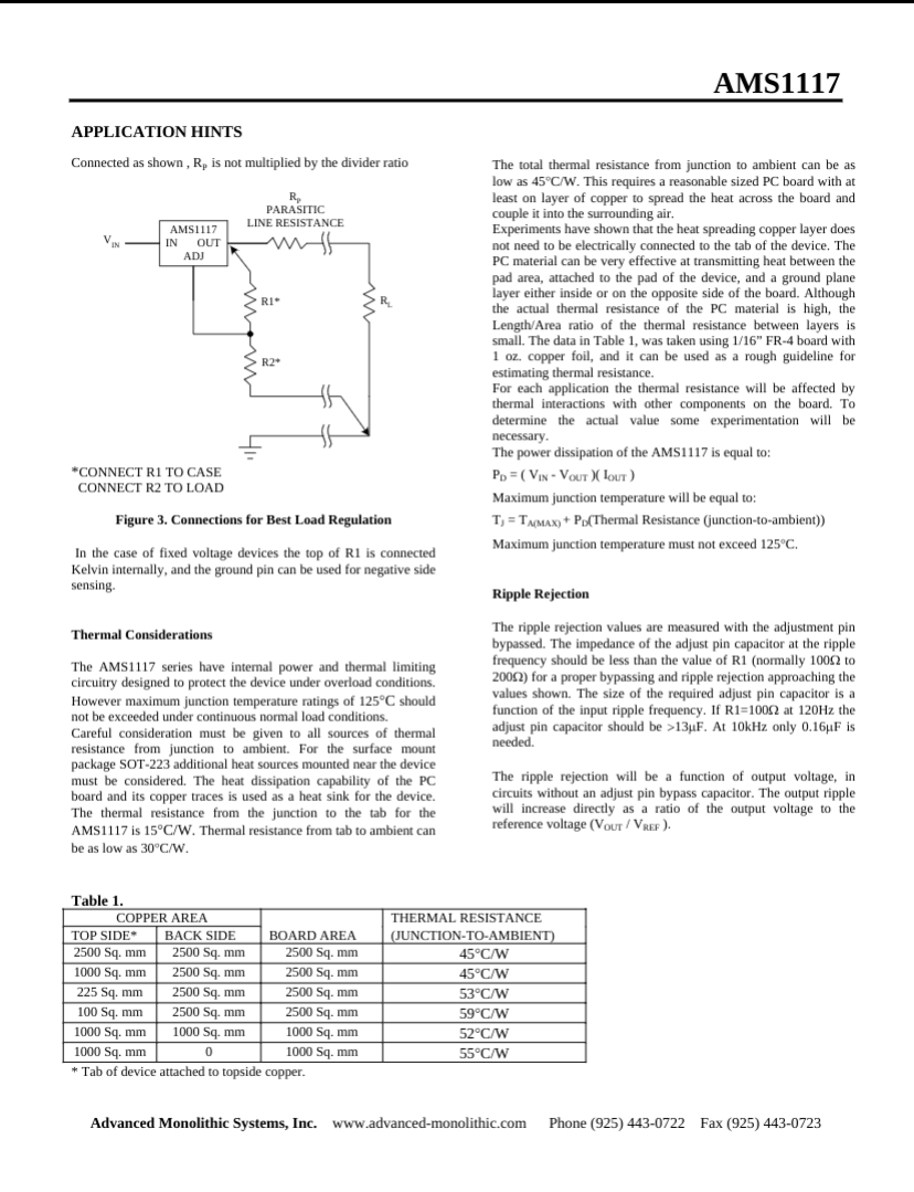 AMS11173.3V technical datasheet page detailing application hints, thermal considerations, and ripple rejection