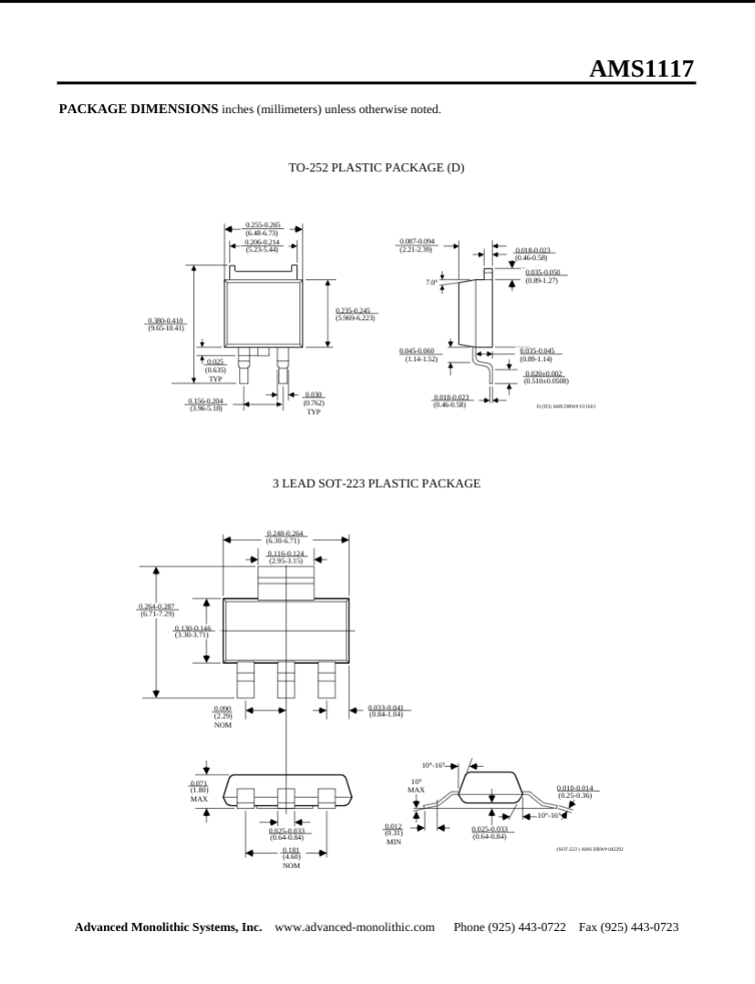 Technical drawing showing package dimensions for AMS11173.3V TO-252 and SOT-223 plastic packages