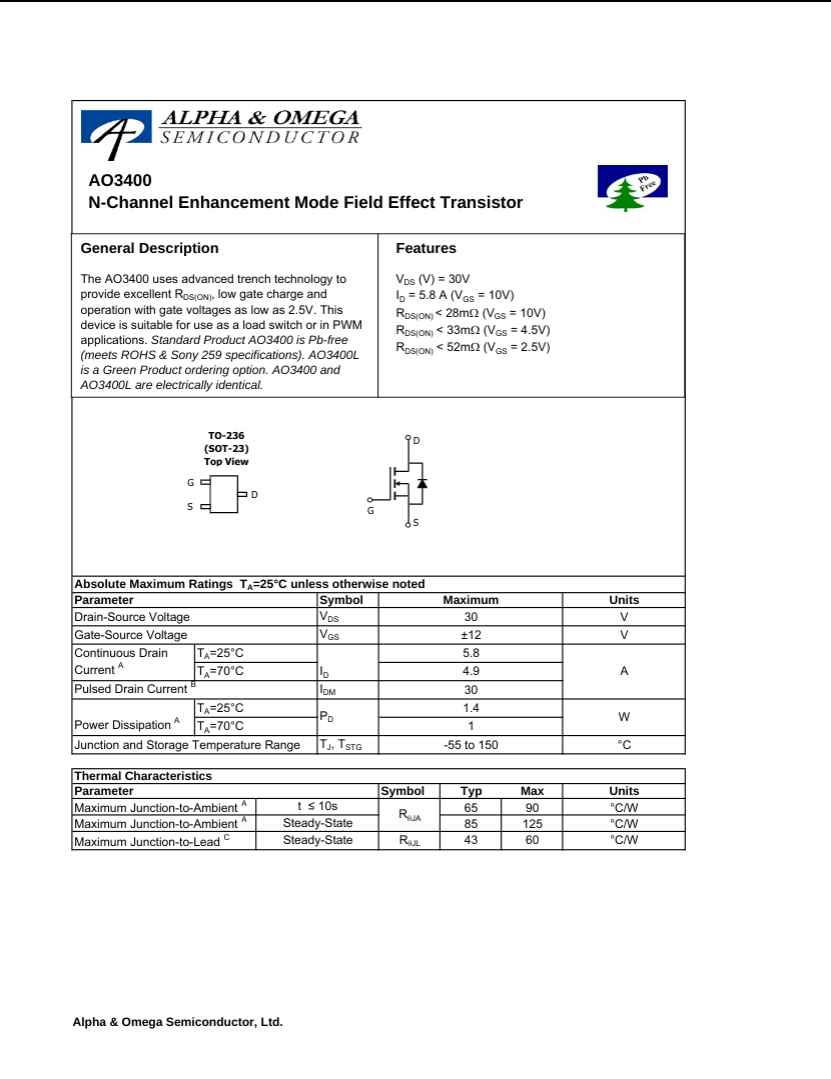 AO3400 N-Channel Enhancement Mode Field Effect Transistor datasheet by Alpha and Omega Semiconductor