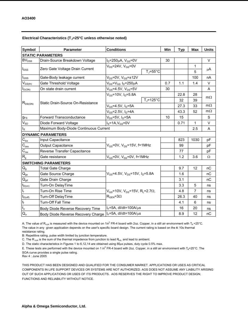 AO3400 transistor electrical characteristics datasheet showing parameters like voltage, current, capacitance, and switching times