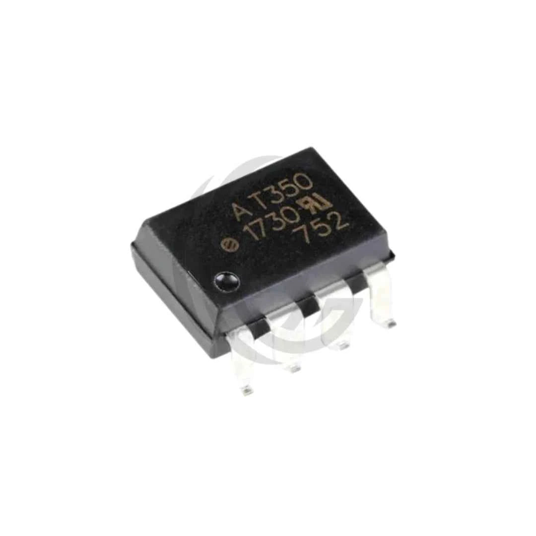 Black electronic component chip AT350 with six metal pins for circuit board installation