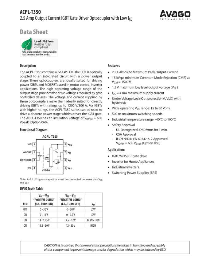 Avago ACPL-T350 gate driver optocoupler datasheet highlighting AT350 IGBT driver features and specifications
