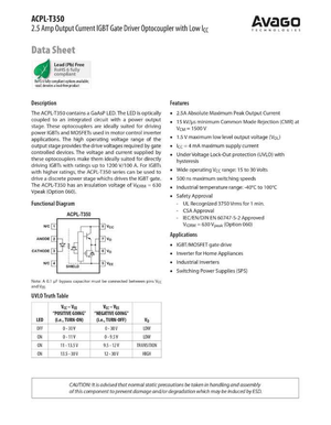 Avago ACPL-T350 gate driver optocoupler datasheet highlighting AT350 IGBT driver features and specifications