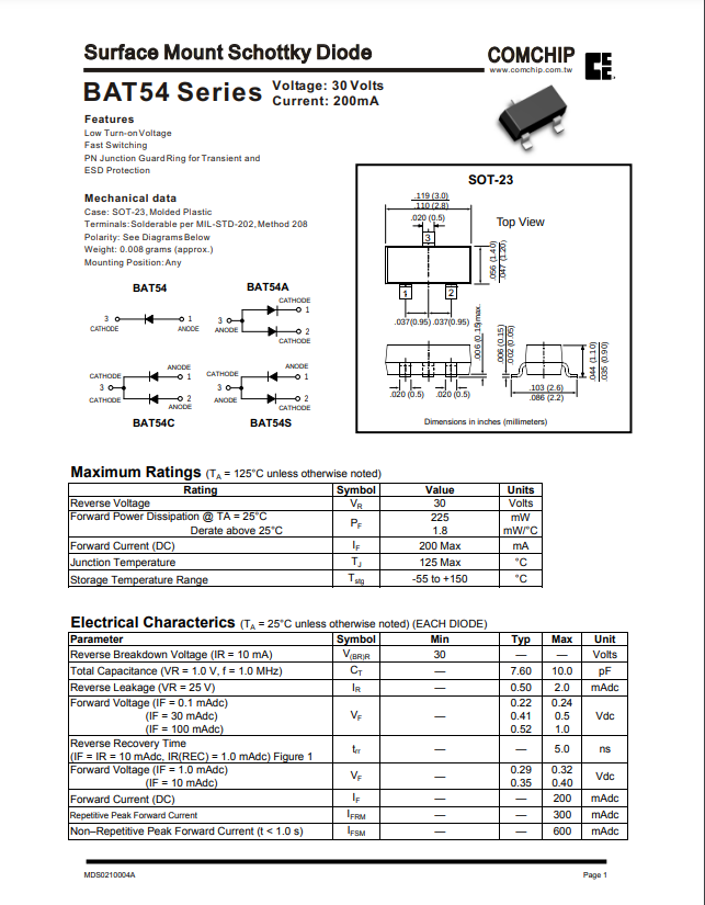 Technical datasheet for BAT54 L4P SOT-23 surface mount Schottky diode with voltage and current specifications