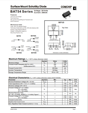 Technical datasheet for BAT54 L4P SOT-23 surface mount Schottky diode with voltage and current specifications