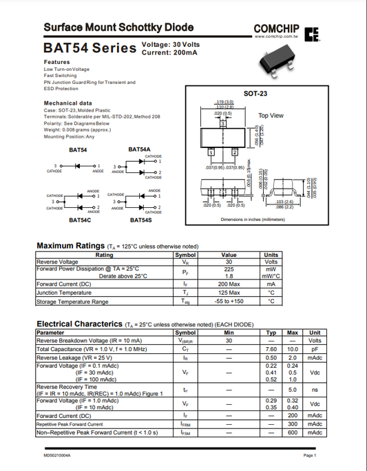 Technical datasheet for BAT54 L4P SOT-23 surface mount Schottky diode with voltage and current specifications