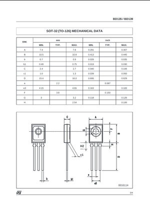BD139 transistor mechanical data sheet with dimensions and SOT-32 TO-126 package diagram