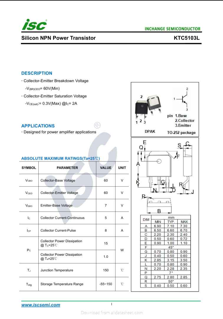 ISC Silicon NPN Power Transistor KTC5103L datasheet with electrical specifications and package diagram